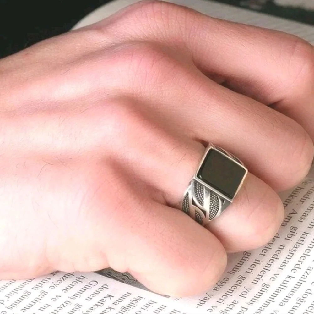 14k White Gold Plate Over Sterling Silver Turkish Gemstone Black Onyx Men's Ring